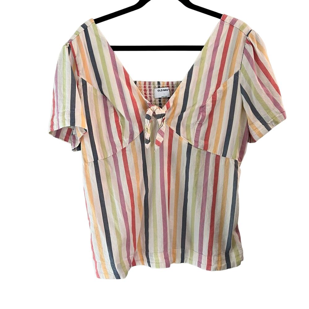 Old Navy vneck striped pastel smocked back Size Large